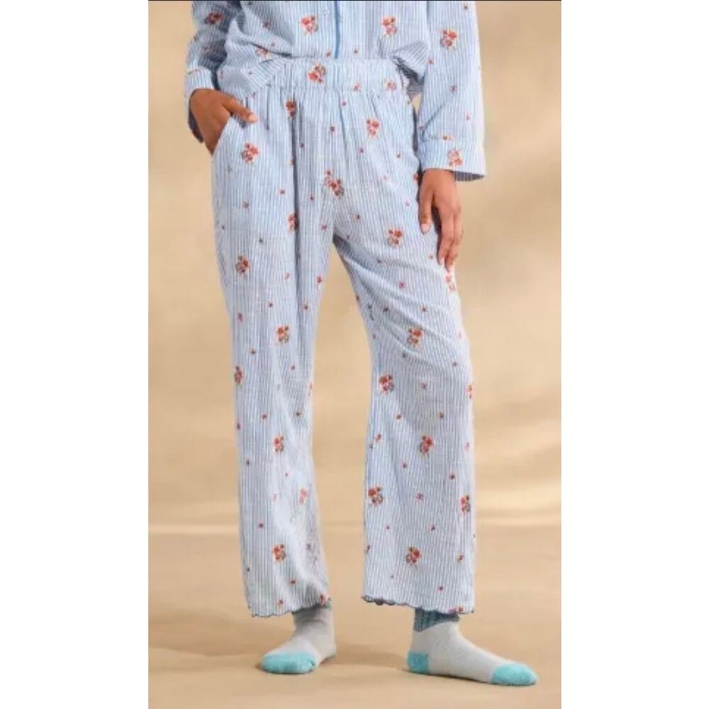 Sundance Womens Large Floral Embroidered Striped PJ Pants Scalloped Hem Wide-Leg